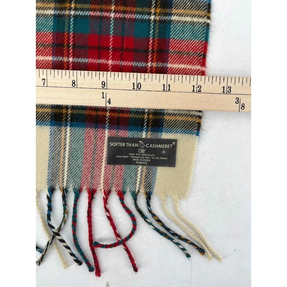 D&Y Softer Than‎ Cashmere Plaid Scarf Mens Red Cream Tartan Fringe Wrap 66x12